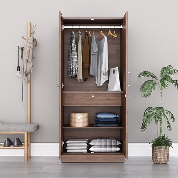 Wooden Wardrobe with Modern Design &amp; Durable Self with 2 Door, Drawer & Mirror