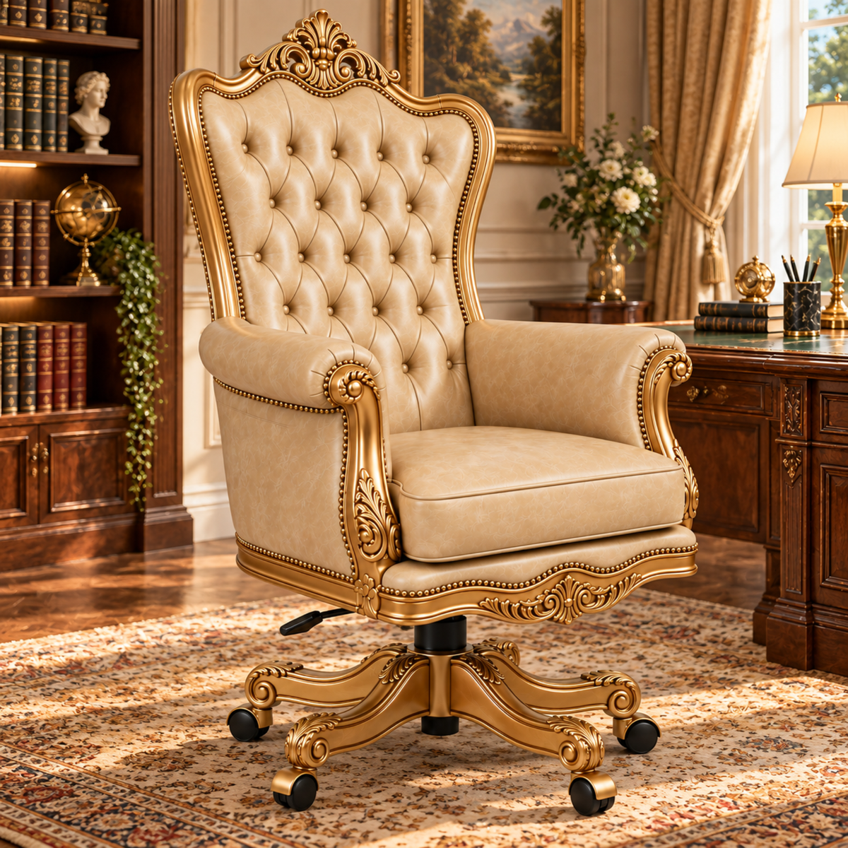 Luxury Royal Director Office Chair with Diamond Tufted High Back, Hand-Carved Wooden Frame, PU Paint Finish and Swivel Base