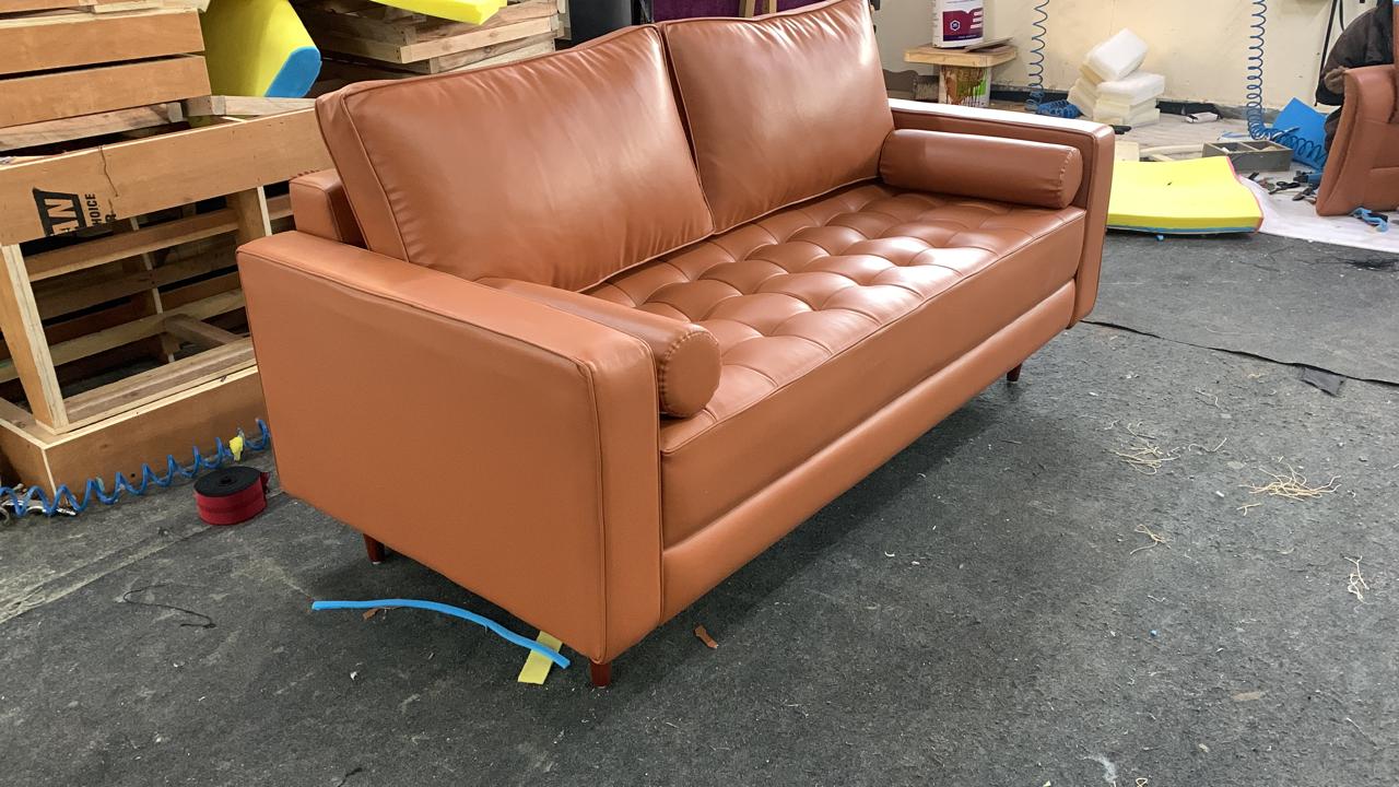 3 Seater Leatherette Sofa with Wooden Legs