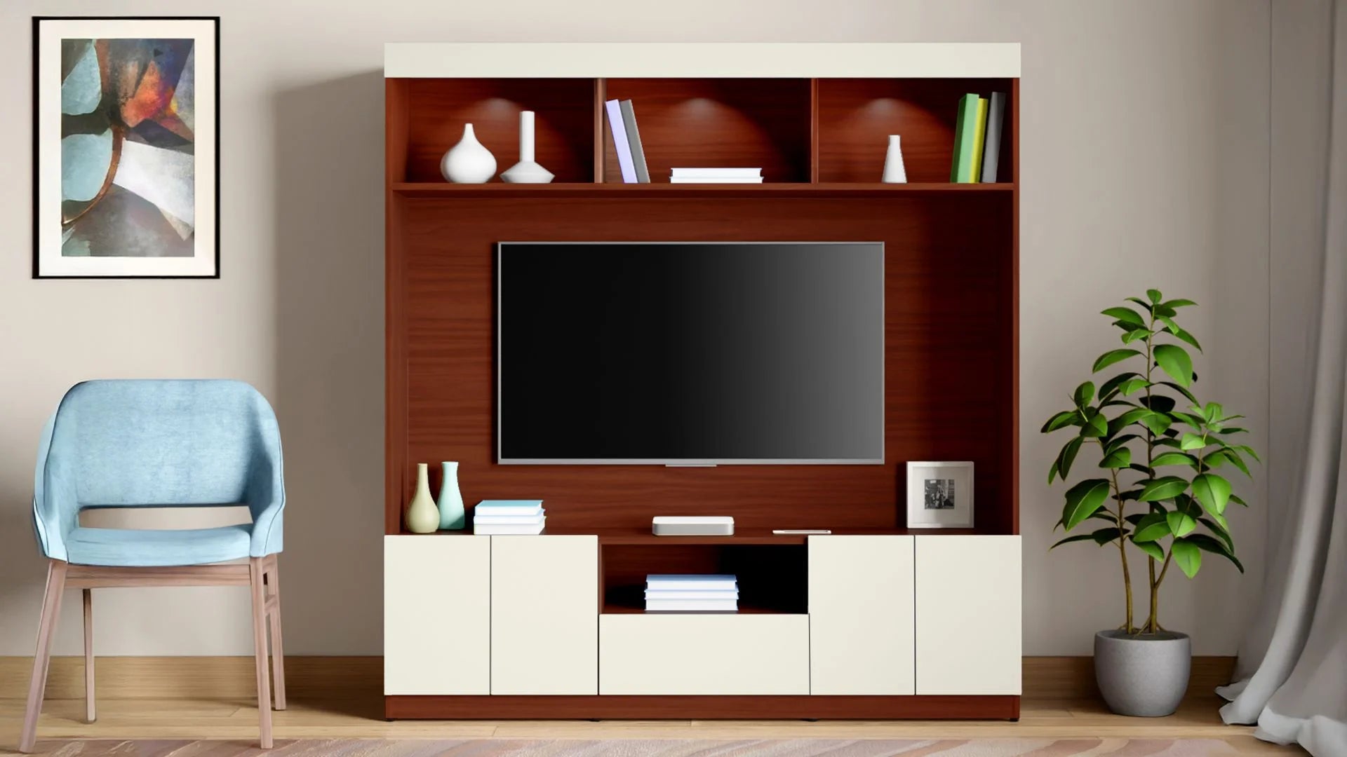 Wooden TV Wall Cabinet with Classic Floating Look, Smooth Surface Finish, and Functional Storage