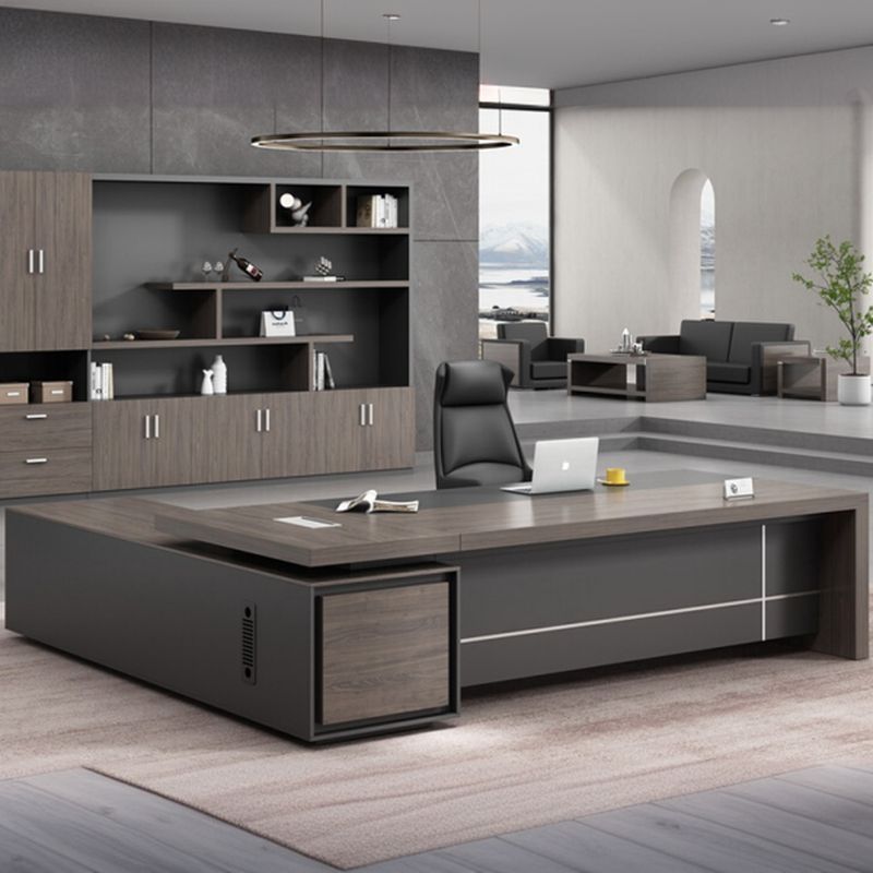 Director L-Shape Office Table Luxury Desk Made in Particle Board with Secure Drawer, Storage CPU Space, Side Unit & Wire Manager- Dark Grey