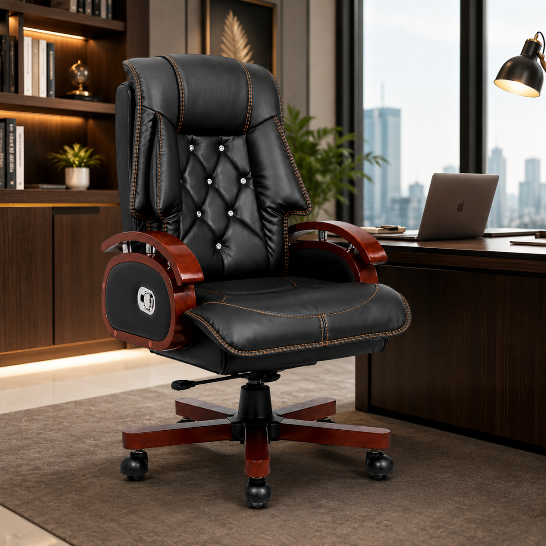 High Back Leatherette and Pure Leather Wooden Director Office Chair with Wooden Base and Handle, Wooden chair