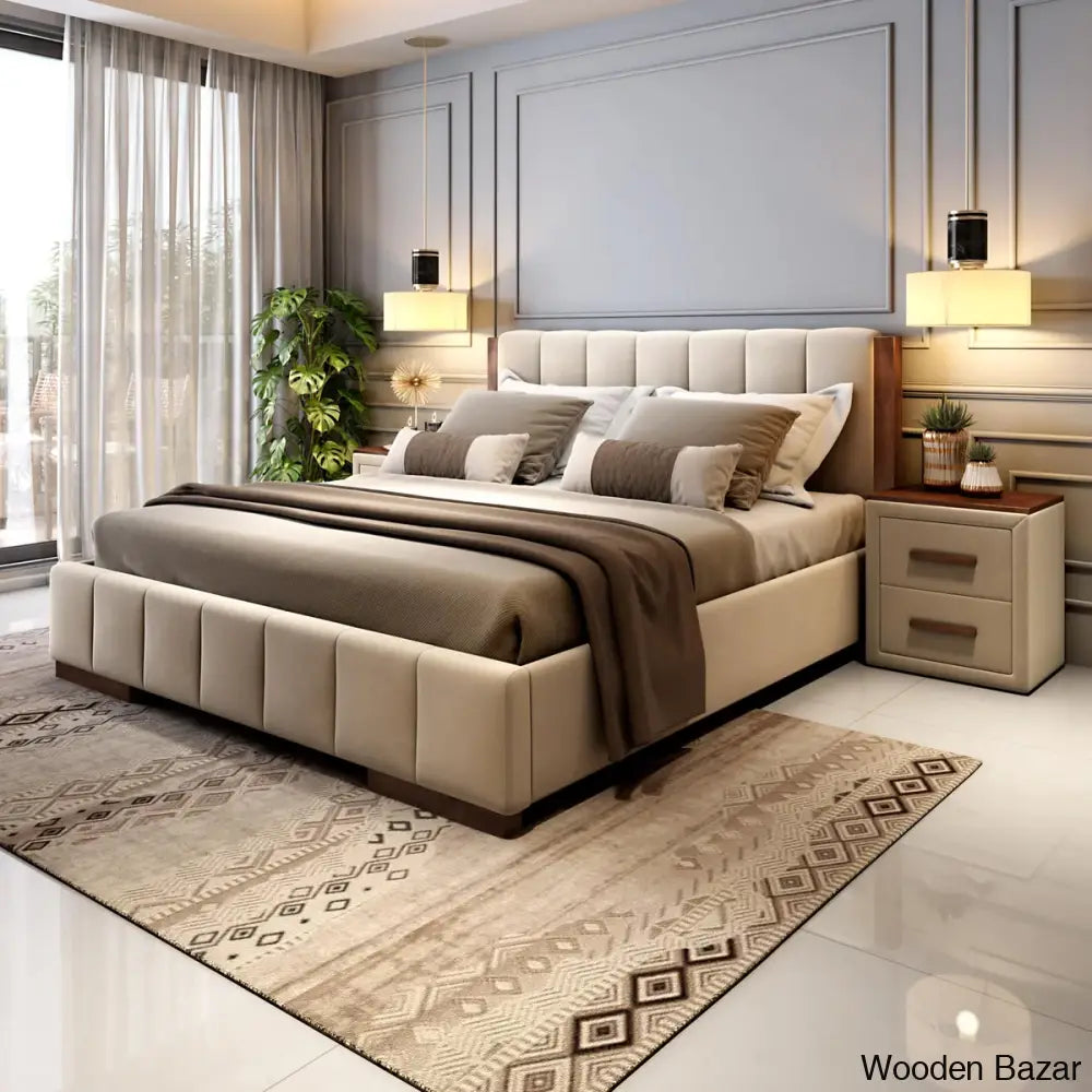 Luxury King Size Solid Wood Bed – Upholstered with Padded Tufted Headboard, Premium Quality & Elegant Design for Living Room