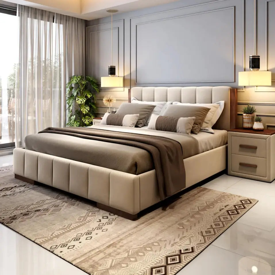 Luxury King Size Solid Wood Bed – Upholstered with Padded Tufted Headboard, Premium Quality & Elegant Design for Living Room
