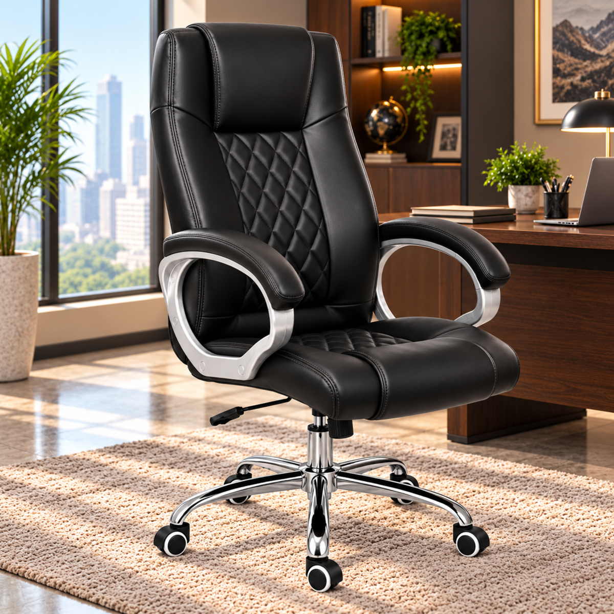 Modern Director Office Chair, Leatherette Upholstery with High Back and Powder-Coated Chrome Base