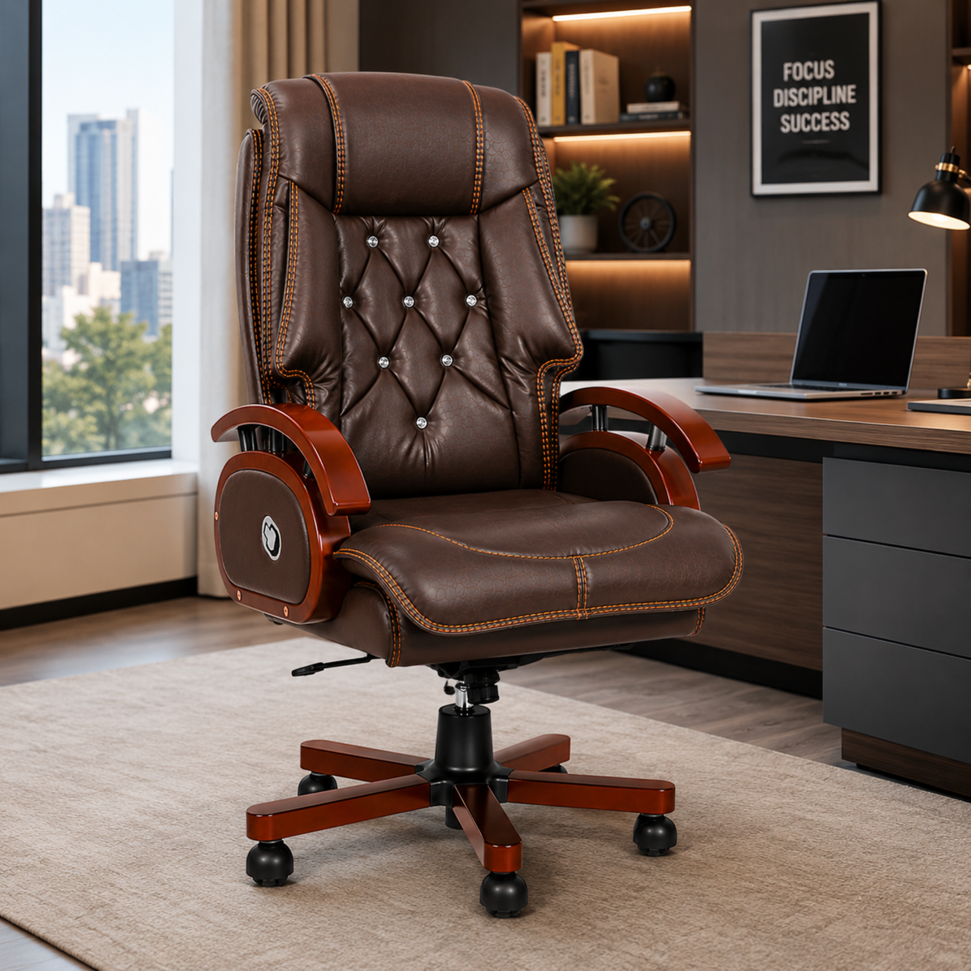 High Back Leatherette and Pure Leather Wooden Director Office Chair with Wooden Base and Handle, Wooden chair