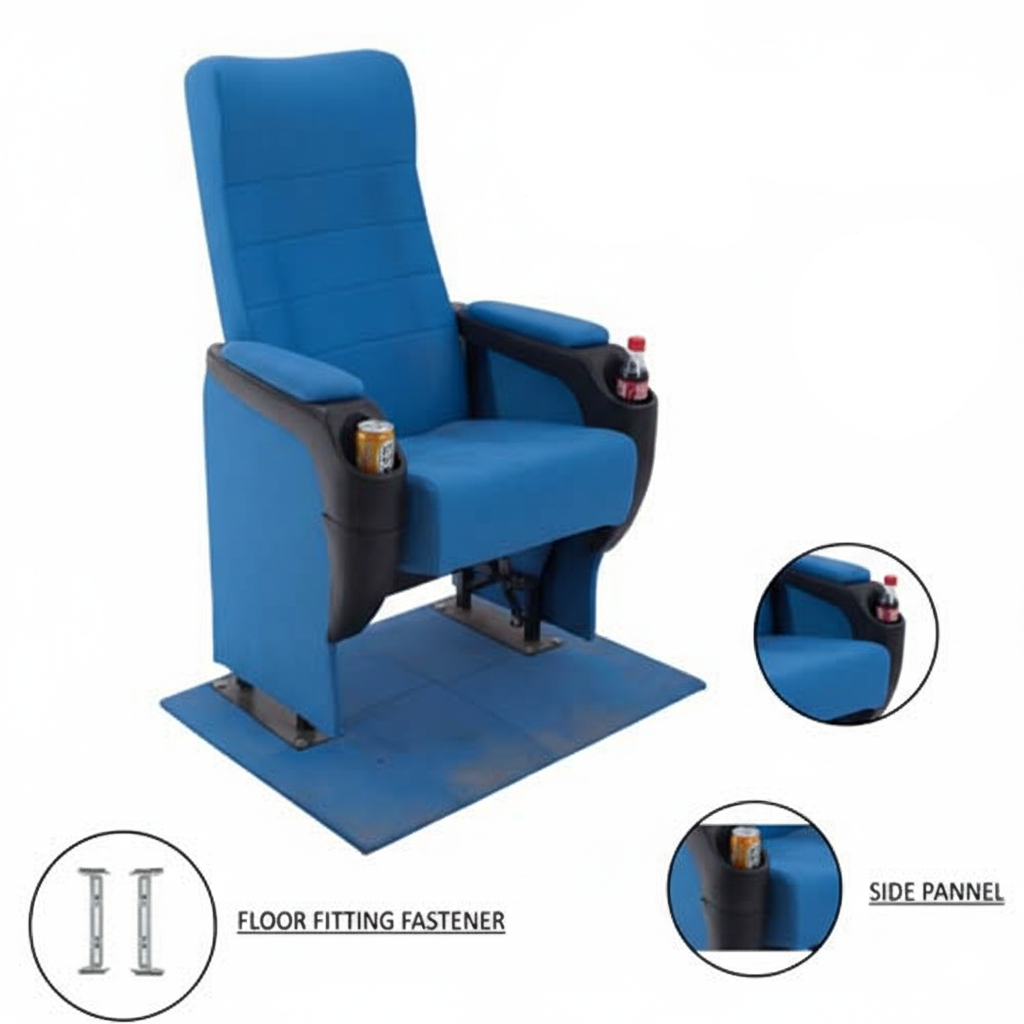 तकिये के ऊपर आर्मरेस्ट वाली लकड़ी की हल्की नीली कुर्सी