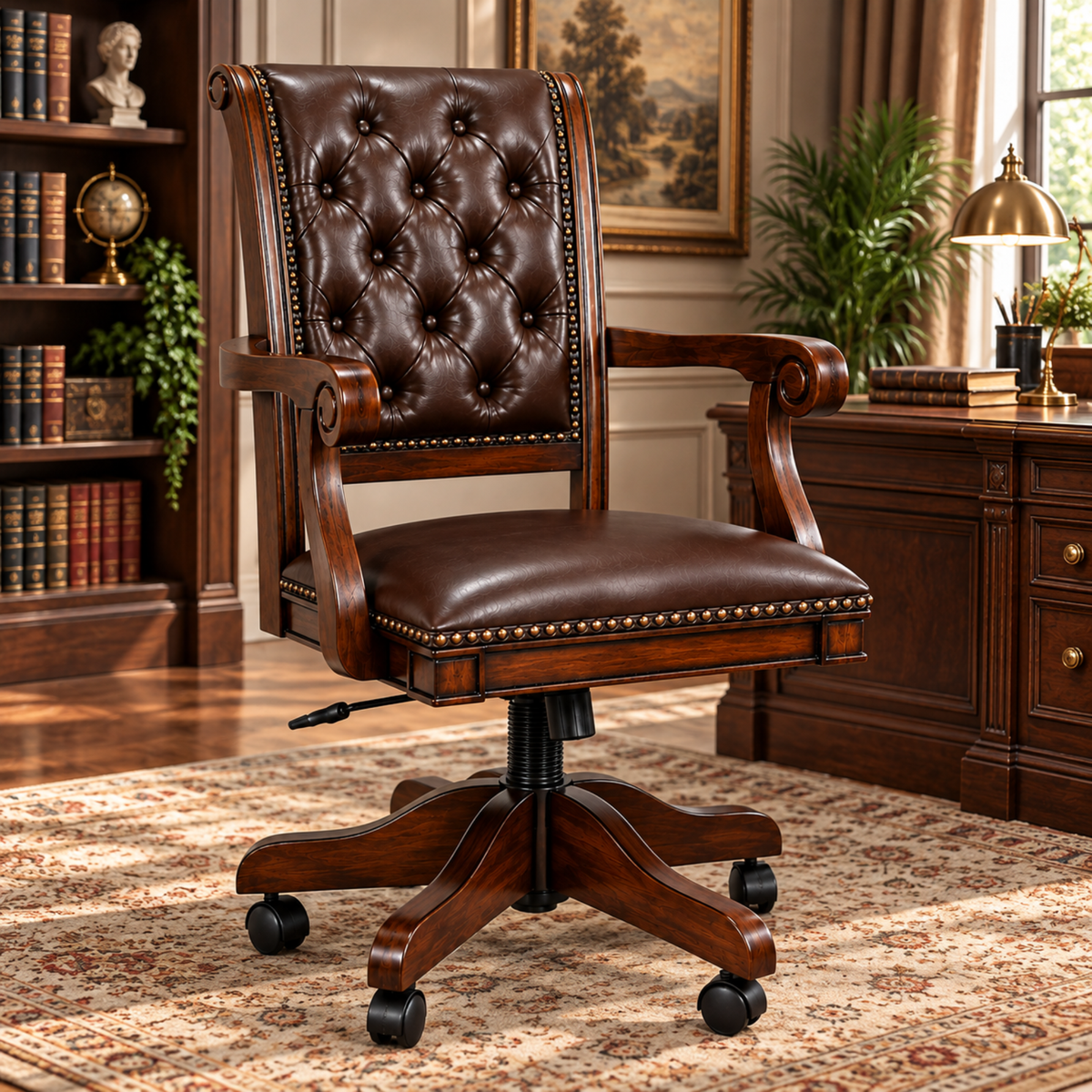 Luxury Office Director Chair Tufted Design Made in Solid wood with Leatherette and Soft Padded - Armrest and Swivel Base and Polish- Dark-brown