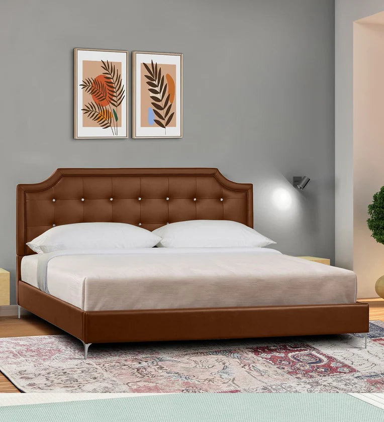 Modern Dark Brown Leatherette King Bed – Plush&nbsp; Upholstery, Padded Headboard, Solid Wood Frame with Foam Padding