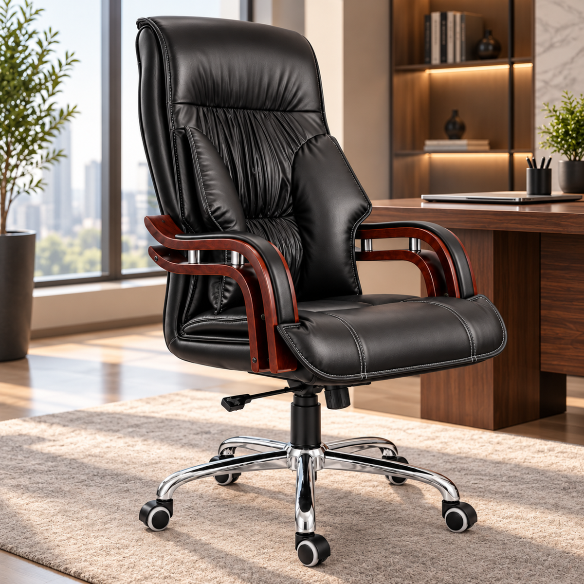 Luxury Boss Chair with High Back Leatherette Design and Stylish Chrome Base and Wooden Handle