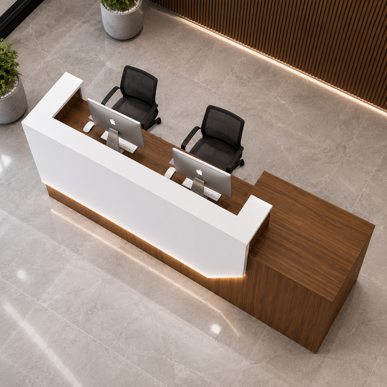 Designer Reception Desk, with a Grand, Statement-Making Look, Featuring Chrome Pillar Support And Brass Strip Detailing, A Statement Piece for Modern Office And Hotel Lobbies.