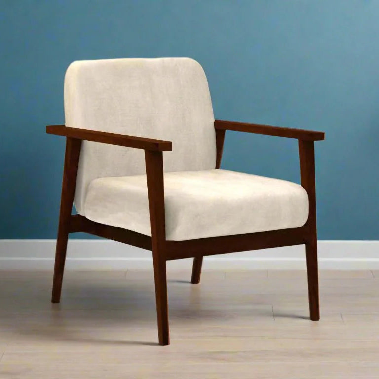 বাসার আসবাবের জন্য কাঠের লাউঞ্জ চেয়ার আধুনিক ও টেকসই ডিজাইনের আর্মচেয়ার আপহোলস্ট্রি ফ্যাব্রিক আরামদায়ক বসার ঘর এবং অফিসের জন্য আসন - অফ হোয়াইট