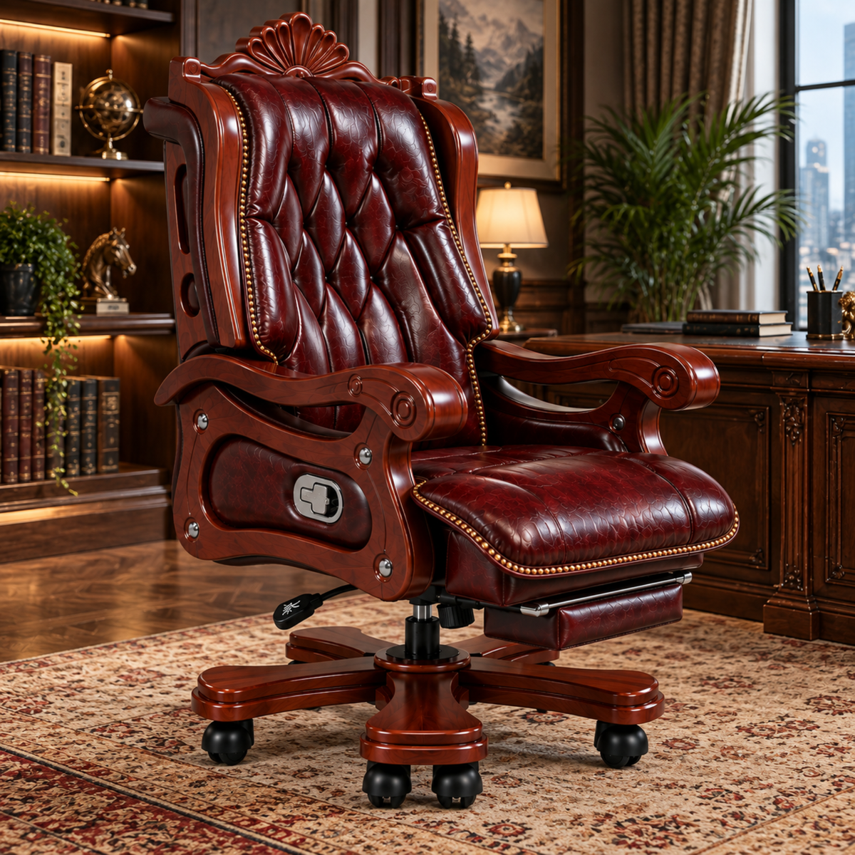 Luxury Office Director Chair Made in Teak wood with Leatherette and Soft Padded - Armrest and Swivel Base and Polish, 150° Reclining Office Seat -Brown