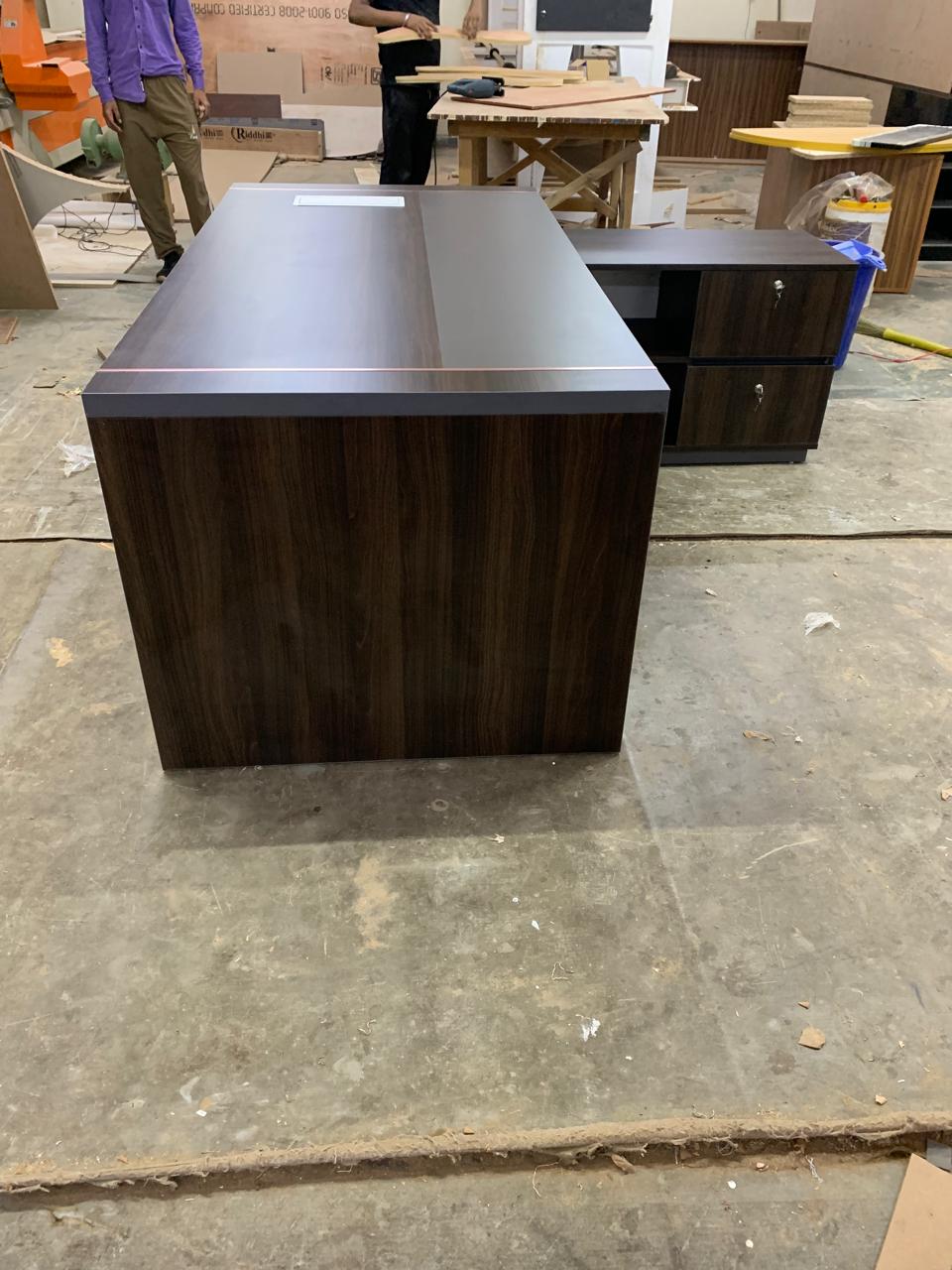 Director Office Table Made In Particle Board with Side Unite and Drawers & CPU Space - Teak Walnut Finish