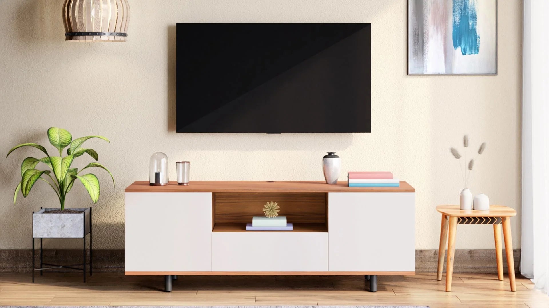 Wooden TV Wall Cabinet with Stylish finish, and Combines Strong Joints, Premium Fittings, and Smooth Edges