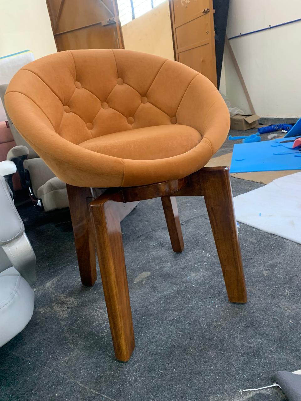 Modern Velvet Tufted Round Back Upholstered Swivel Accent Chair Orange with Teak Legs