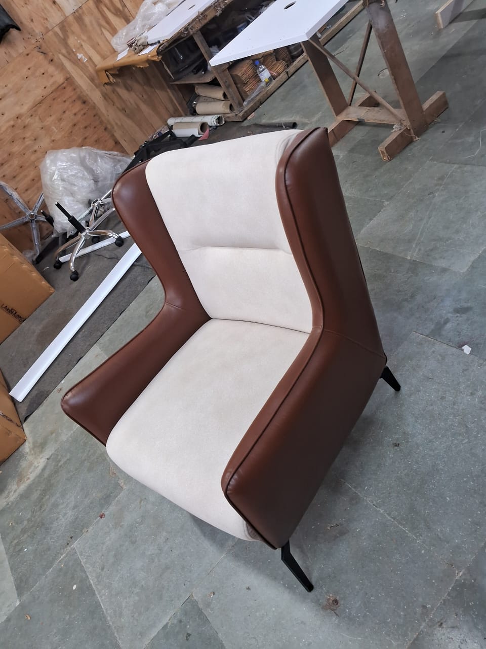 Fabric and Leather Lounge Chair with Metal Legs