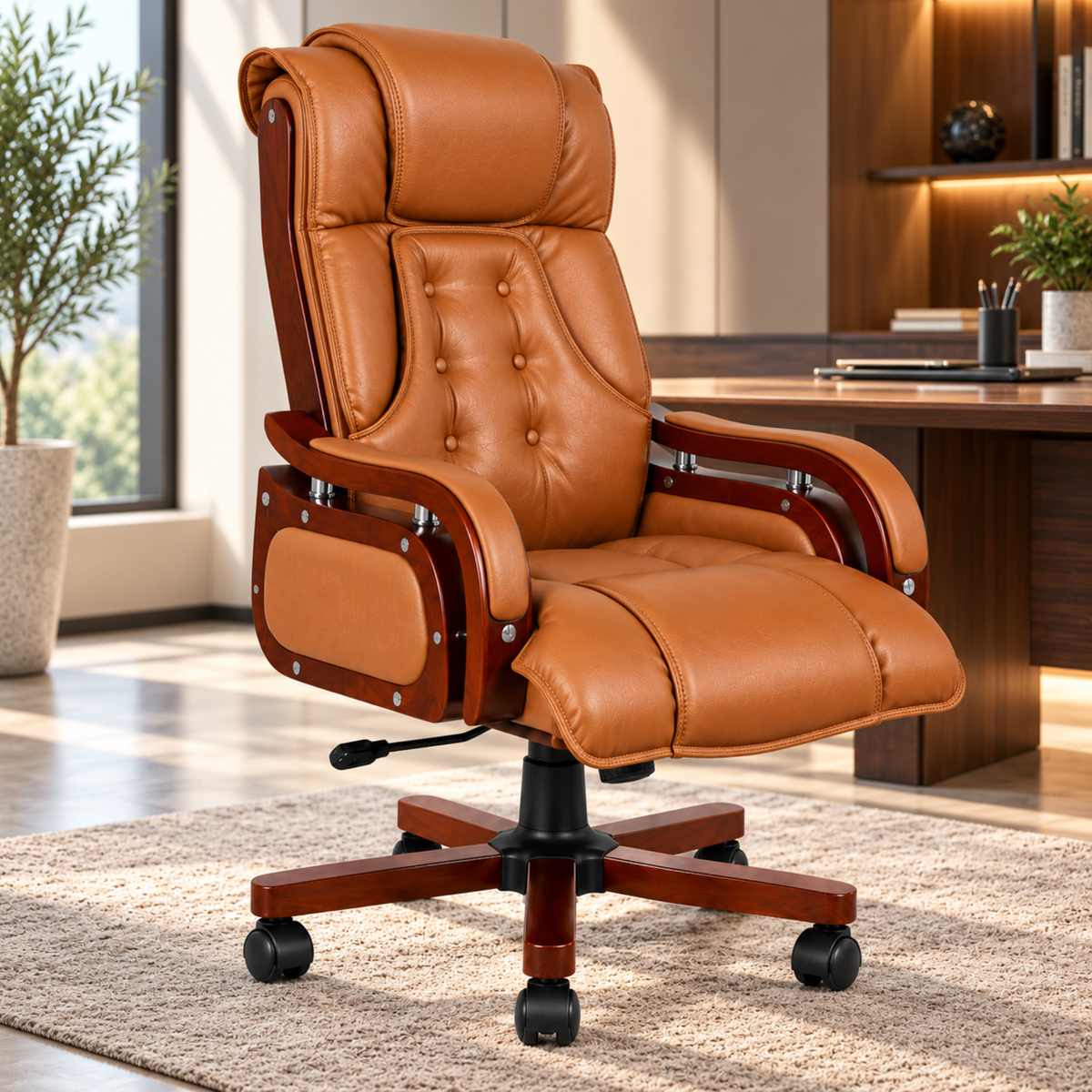 High Back Executive Chair for Office | Leatherette Upholstery with Wooden Base & Handle | Revolving Director Chair with Cushioned Seat & Headrest | Boss Chair Brown