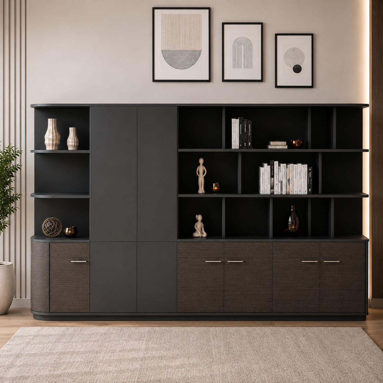 Premium modern storage unit designed with open shelving, concealed cabinets, and sleek contemporary styling for organized office, lounge, or display storage.