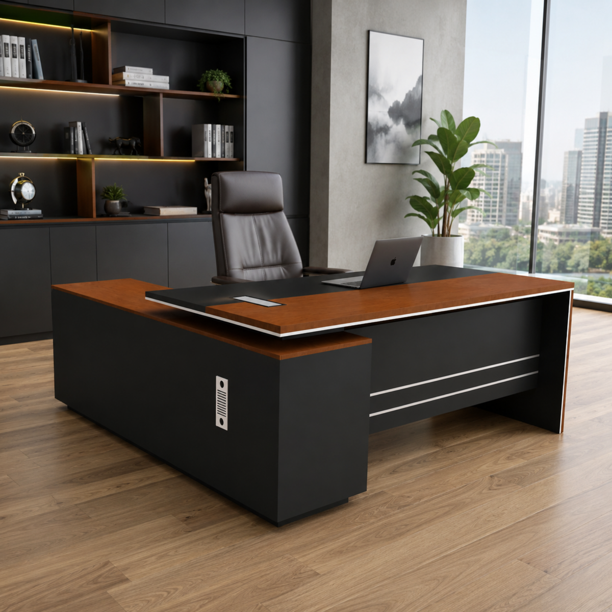 Director & Executive L-Shape Office Table Luxury with Side Runner, Drawer and Storage - Wire Manager - Brown