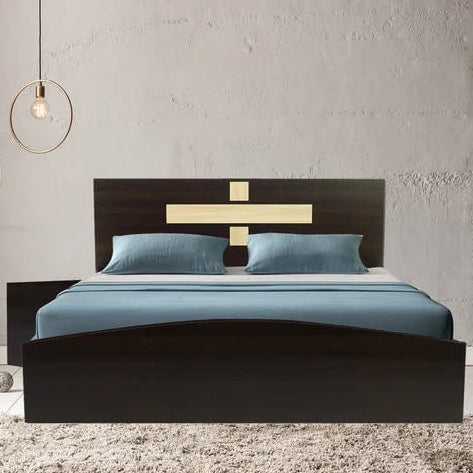 King Size Bed glossy lacquered finish with solid hardwood construction, high headboard, and spacious built-in box storage