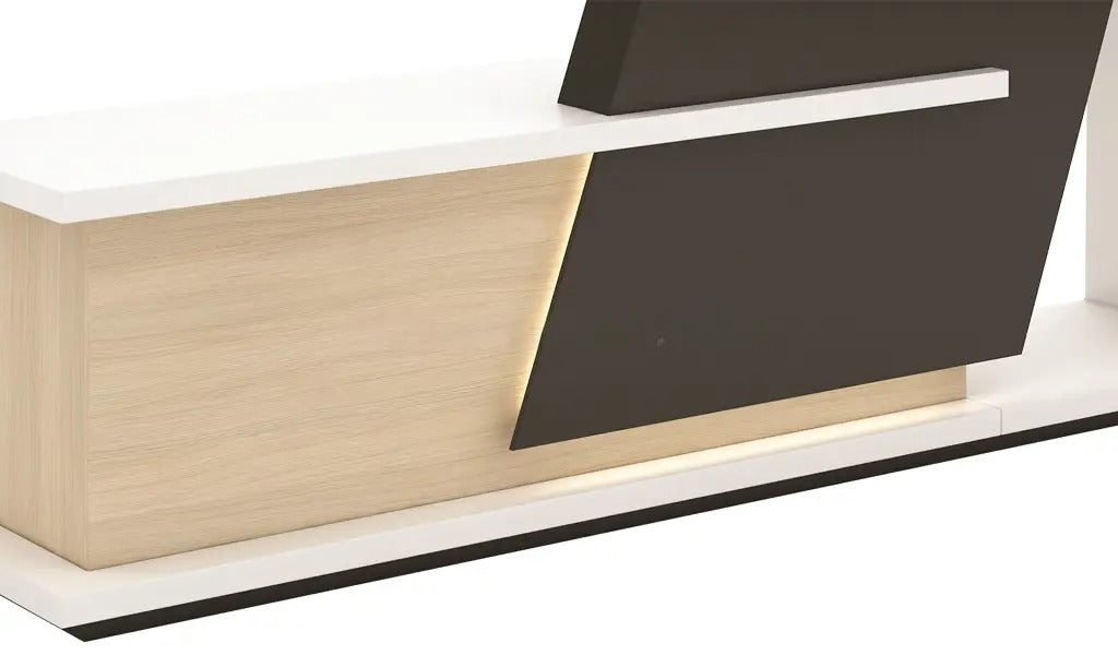 Reception table made in Engineered wood and laminate while the inside is in oak wood finish also includes one inbuilt storage pedestal