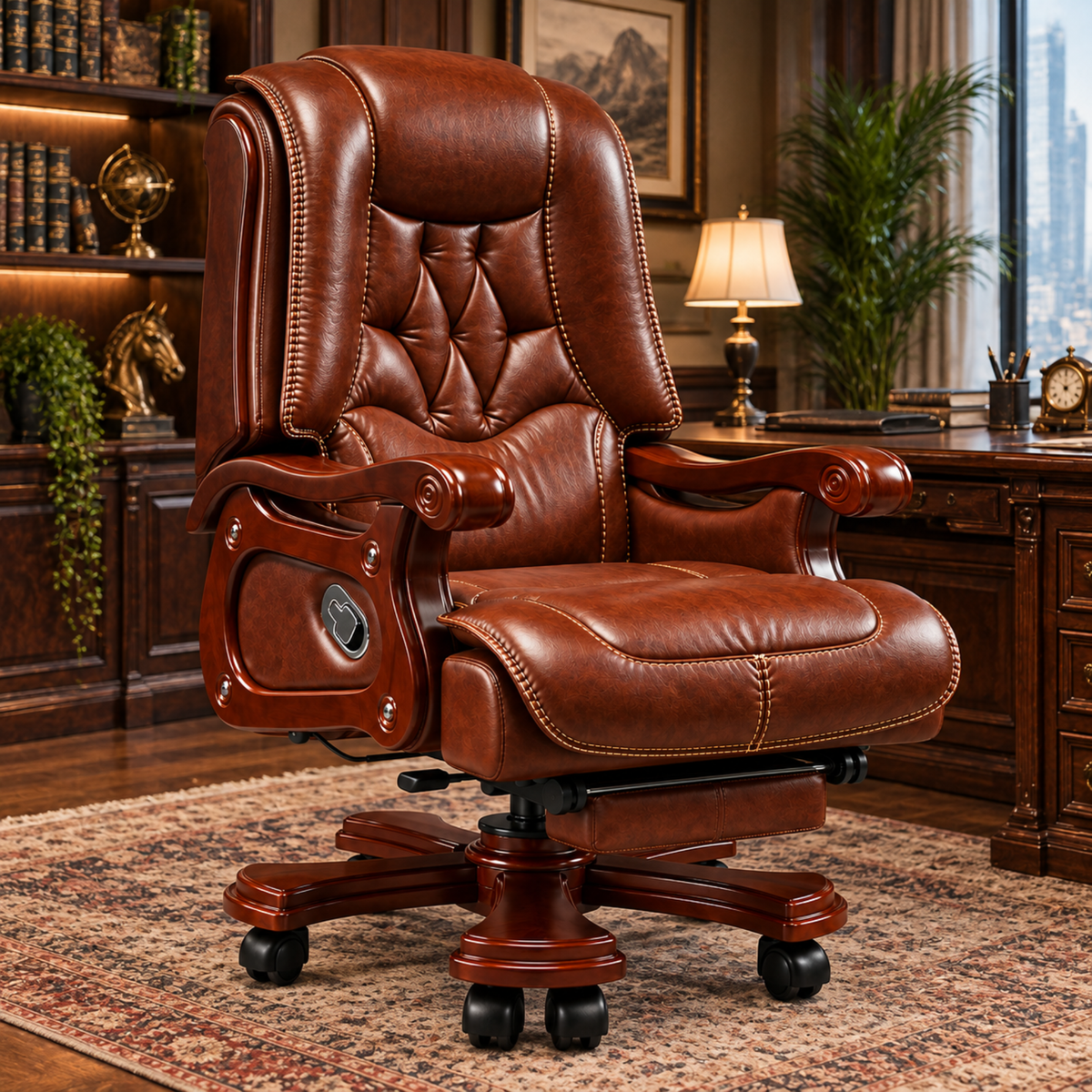 High Back Luxury Office Director Chair Made in Plyboard with Leatherette and High Density Foam & Recliner Feature and Double Wheel with wooden Polish