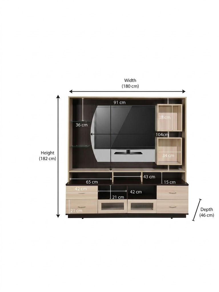 Modern Particle Wood TV Entertainment Unit with Dual Side Storage Cabinets, Open Center Media Shelving, and Natural Wood Grain Finish for Living Room