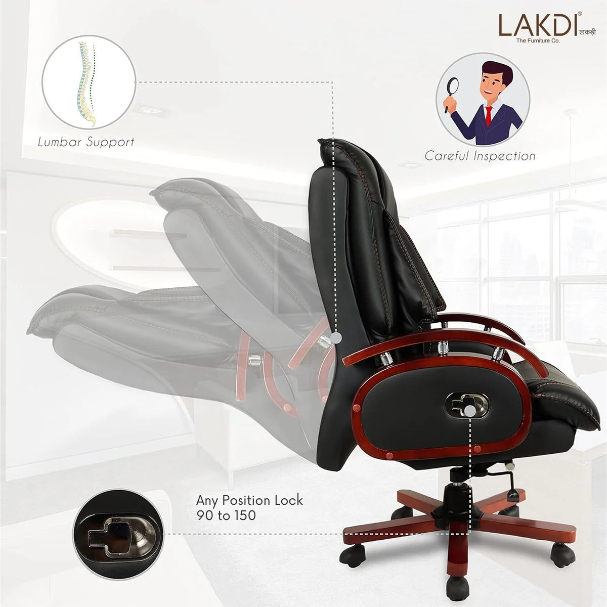 High Back Leatherette Wooden Director Chair with Wooden Base and Handle, Wooden chair