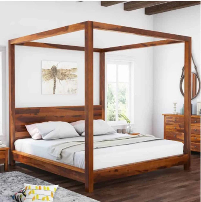 Wooden Bed Handcrafted Four-Poster– Elegant Natural Finish with Grand Canopy Frame, Available in Queen and King Sizes