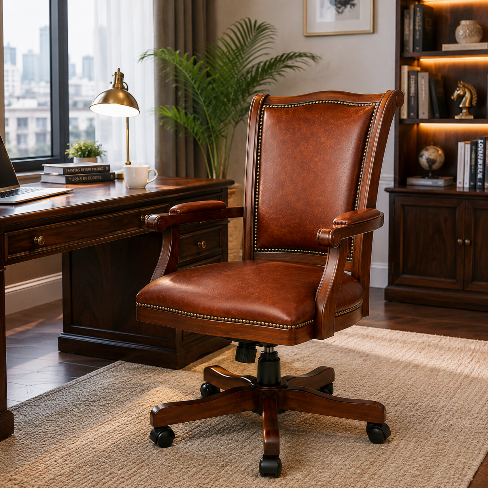 Premium Wooden Director Chair with Leatherette Upholstery, Ergonomic High Back, Handcrafted Solid Wood Frame, with Smooth Castor Wheels
