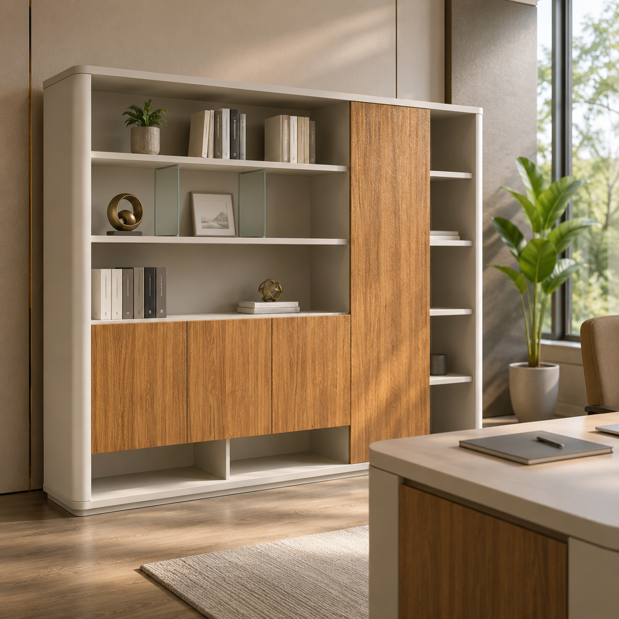 Wooden Office Storage Cabinet with Modern Wooden Design & Security Lock for Corporate Interiors
