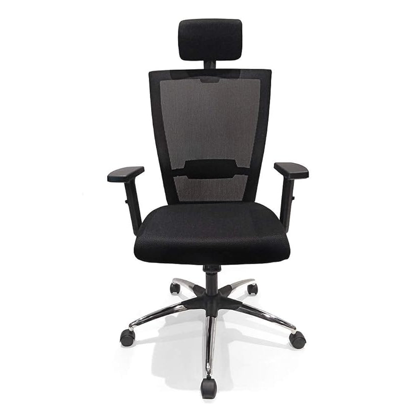 Black office chair with mesh backrest on a white background