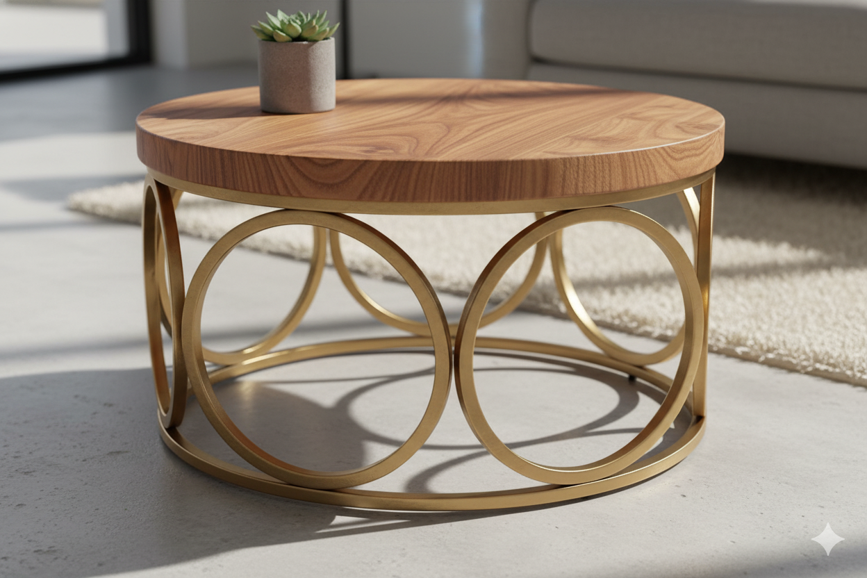 लकड़ी के टॉप और सुनहरे धातु के फ्रेम में गोल आकार की साइड टेबल