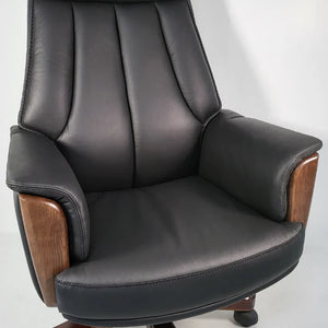 Director Chair for office Traditional High-Black Leatherette with Recliner & fixed arms Adjustable Height and Wooden Base and Walnut Polish