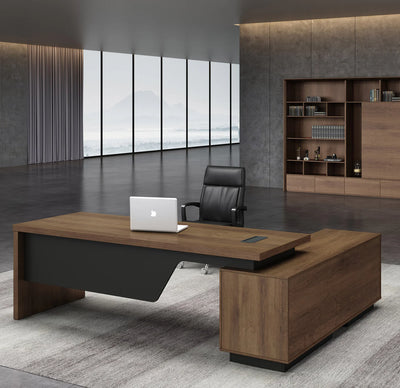 Luxury Director and Executive L Shape Office Table Made Particle Board with  Wire Manger Side Unite and Multi Drawers CPC Space  - Brown Color