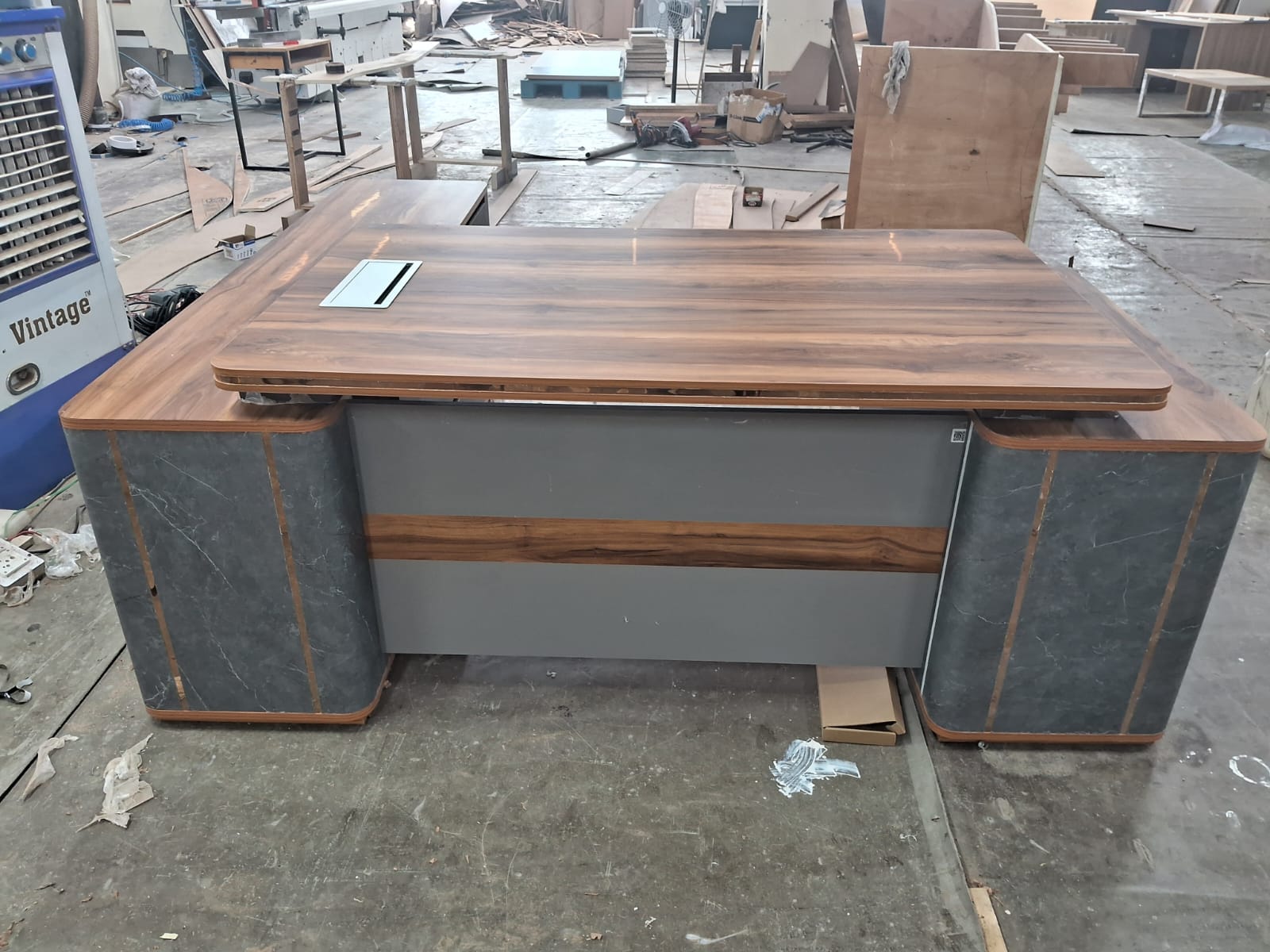 Luxury Design Director L-Shape Office Table Multi Function with Integrated Wire box & CEO Perfect for Spacious Cabin - Walnut - Grey