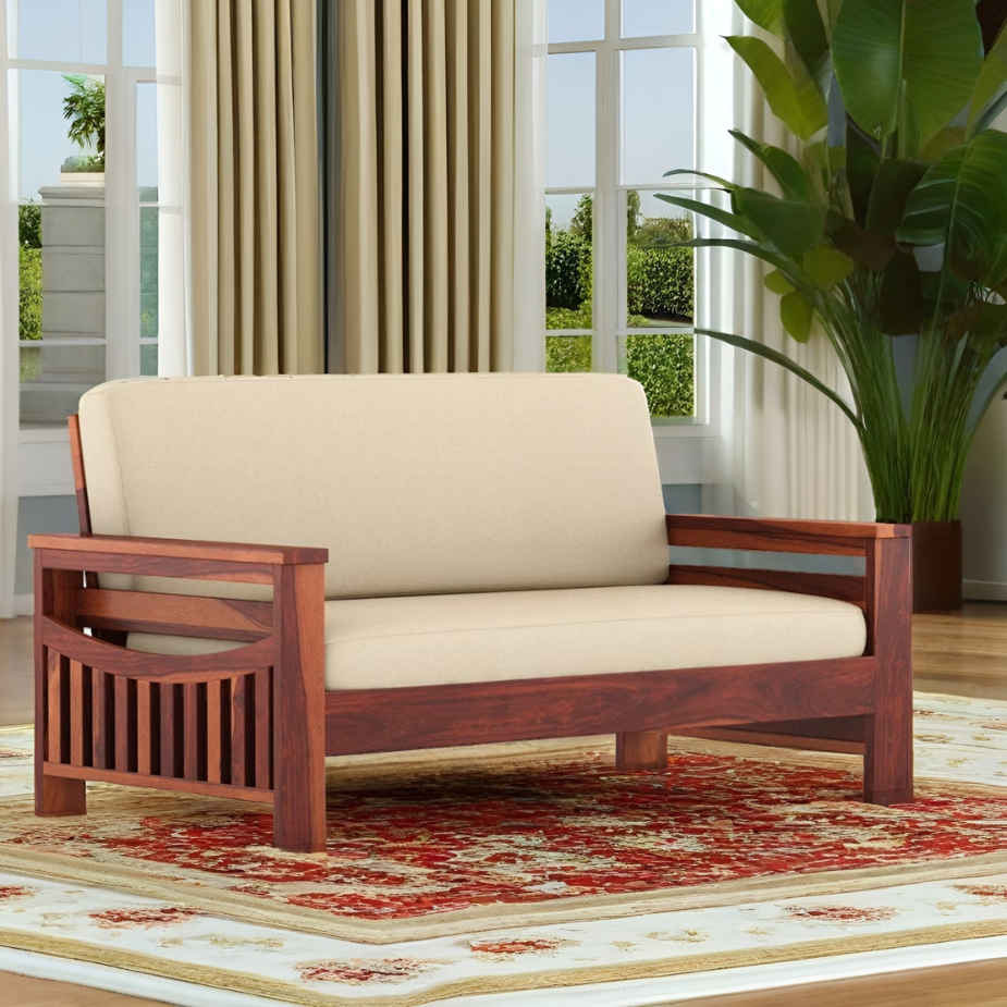 3 Seater Wooden Sofa For Home Furniture Upholstery Fabric Premium Comfortable Sofa Durable Design For Living Room - Cream