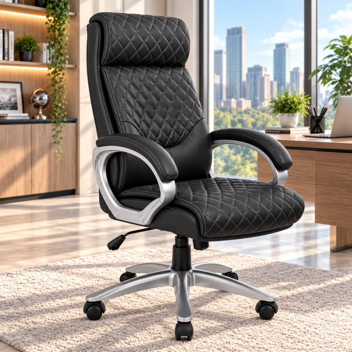 Luxury Executive Office Chair with Diamond Quilted High Backrest, Padded Headrest, Cushioned Armrests, Adjustable Height & Chrome Swivel Base