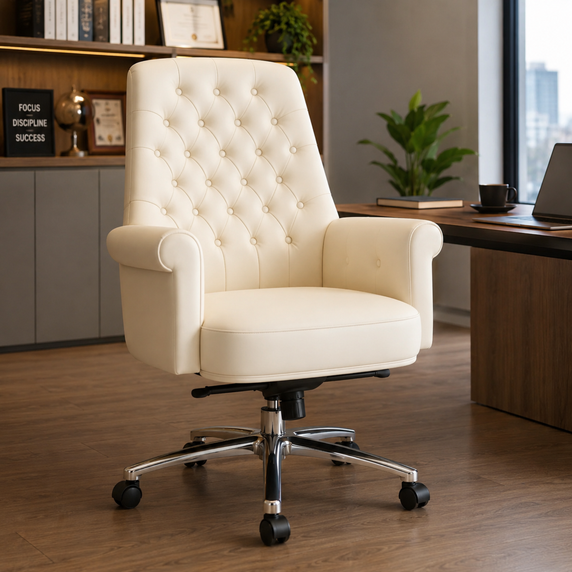 Luxury Director Chair with Button-Tufted Upholstery, Ergonomic, Padded Armrests, and Chrome Base for Modern Office Chair