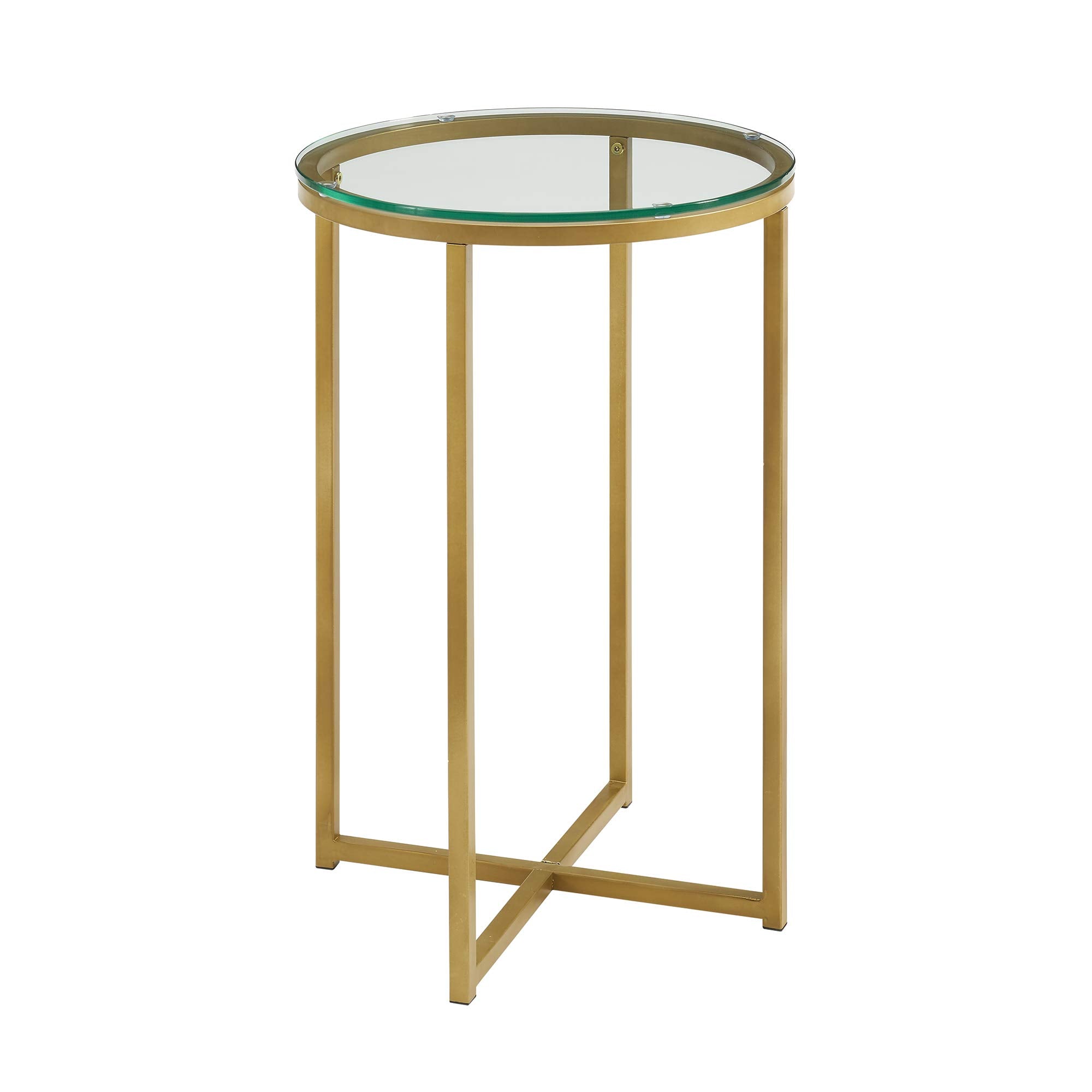 কাচের শীর্ষ এবং ধাতব ফ্রেম সহ গোলাকার সাইড টেবিল