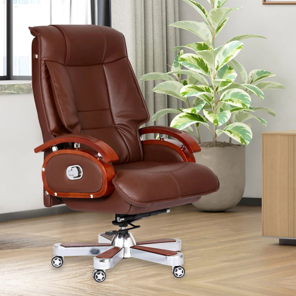 High Back Director Chair for office Made in Plyboard with Leatherette and Soft Padded & Fixed Armrest & Revolving and swivel Base, Recliner Chair