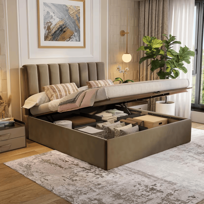 King Size Wooden Bed Upholstered Luxury Design with Hydraulic Storage Wooden Frame & Finished in Premium Velvet/Suede for Elegance & Durability