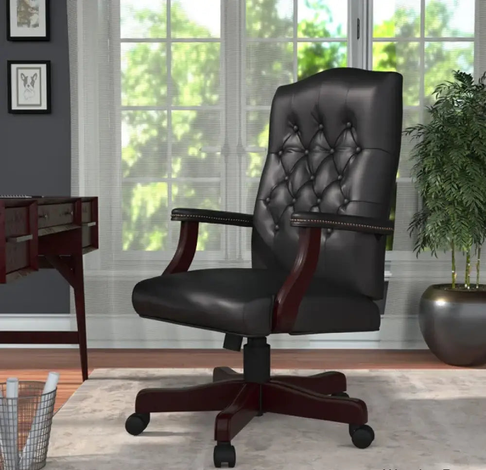 Director office Chair Tufted Design Made in Solid wood with Leatherette Upholstery & Armrest with Height Adjustable Chair - Black