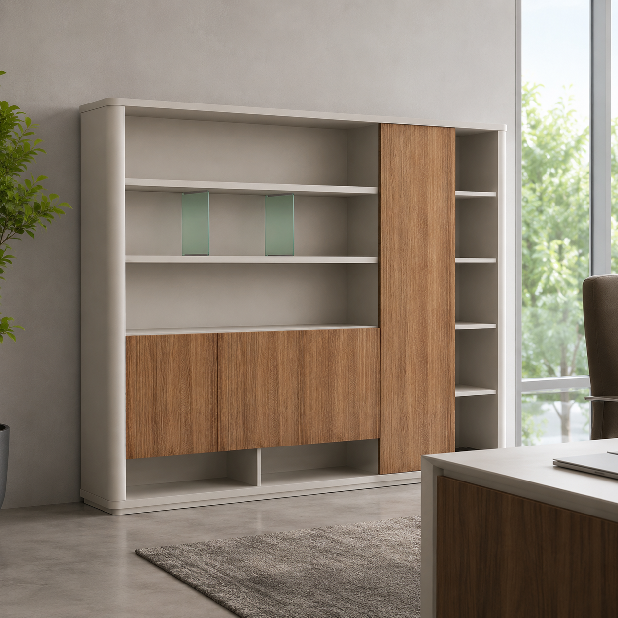 Wooden Office Storage Cabinet with Modern Wooden Design & Security Lock for Corporate Interiors