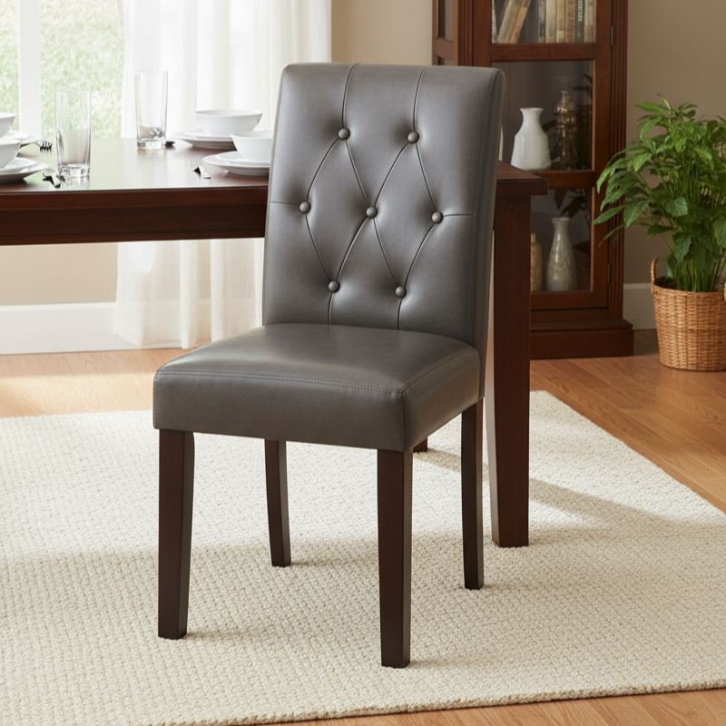 Chic Tufted Grey Faux Leather Dining Chair - Elegant Home Furniture Seating for Kitchen & Dining Room