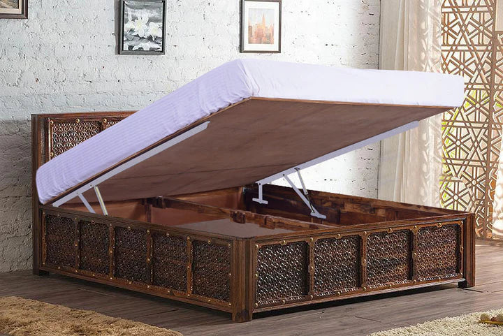 King Size Wooden Bed Luxury Design with Hydraulic Storage High-Quality Solid Wood Frame with Melamine Polish Finish