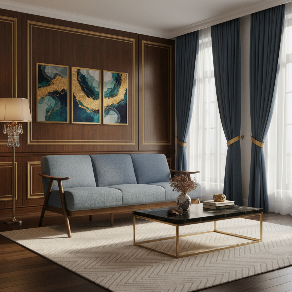 घर के फर्नीचर के लिए 3 सीटर लकड़ी का सोफा, लिविंग रूम के लिए असबाब कपड़े का आधुनिक सोफा और टिकाऊ डिज़ाइन - नीला