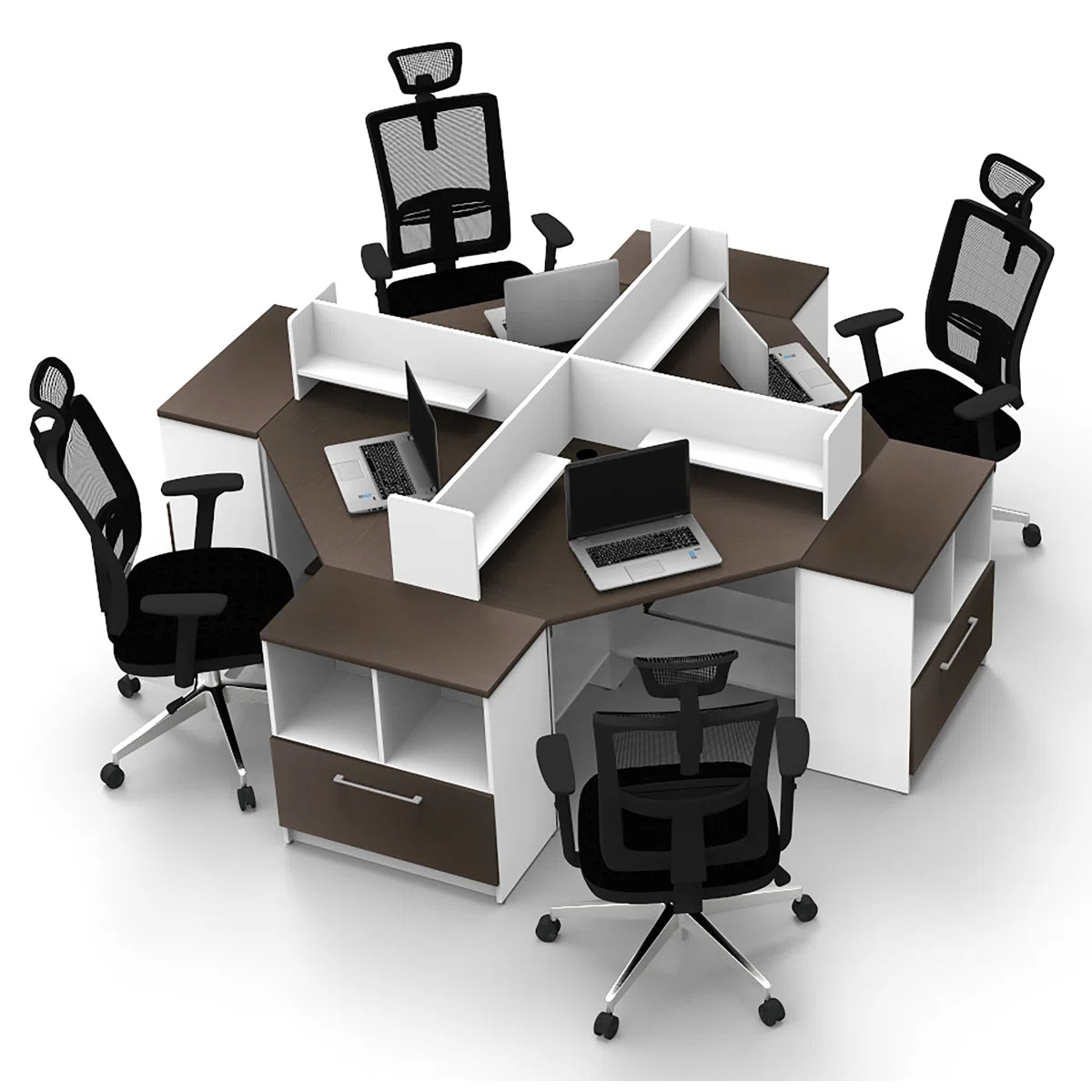 Modern Hexagon 4-Person Workstation – Dark Wood & White with Storage & High Quality Material