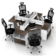 Modern Hexagon 4-Person Workstation – Dark Wood & White with Storage & High Quality Material